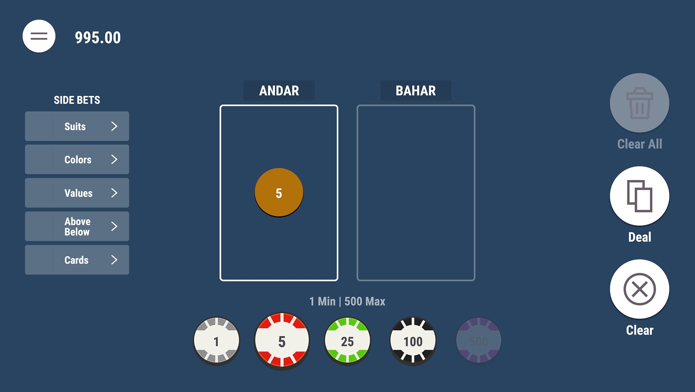 Andar bahar game screen